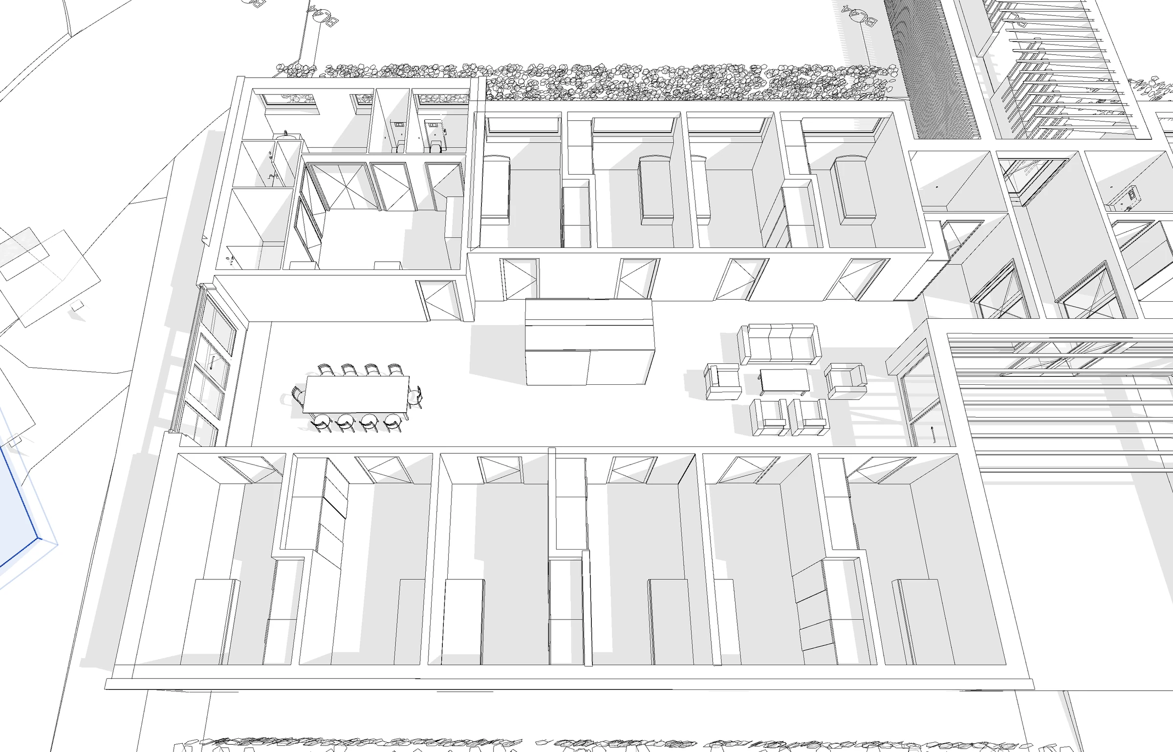 Axonométrie d’une unité de vie : chambres individuelles, séjour et cuisine ouverte