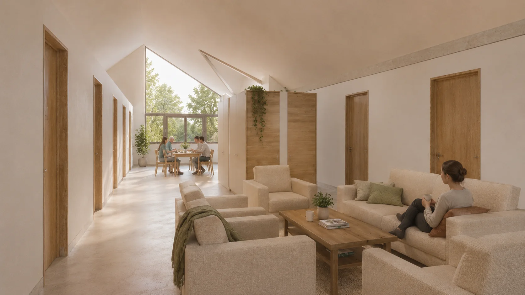 Le séjour d’une unité de vie, ouvert sur l’extérieur par un pignon vitré, perspective d’architecte